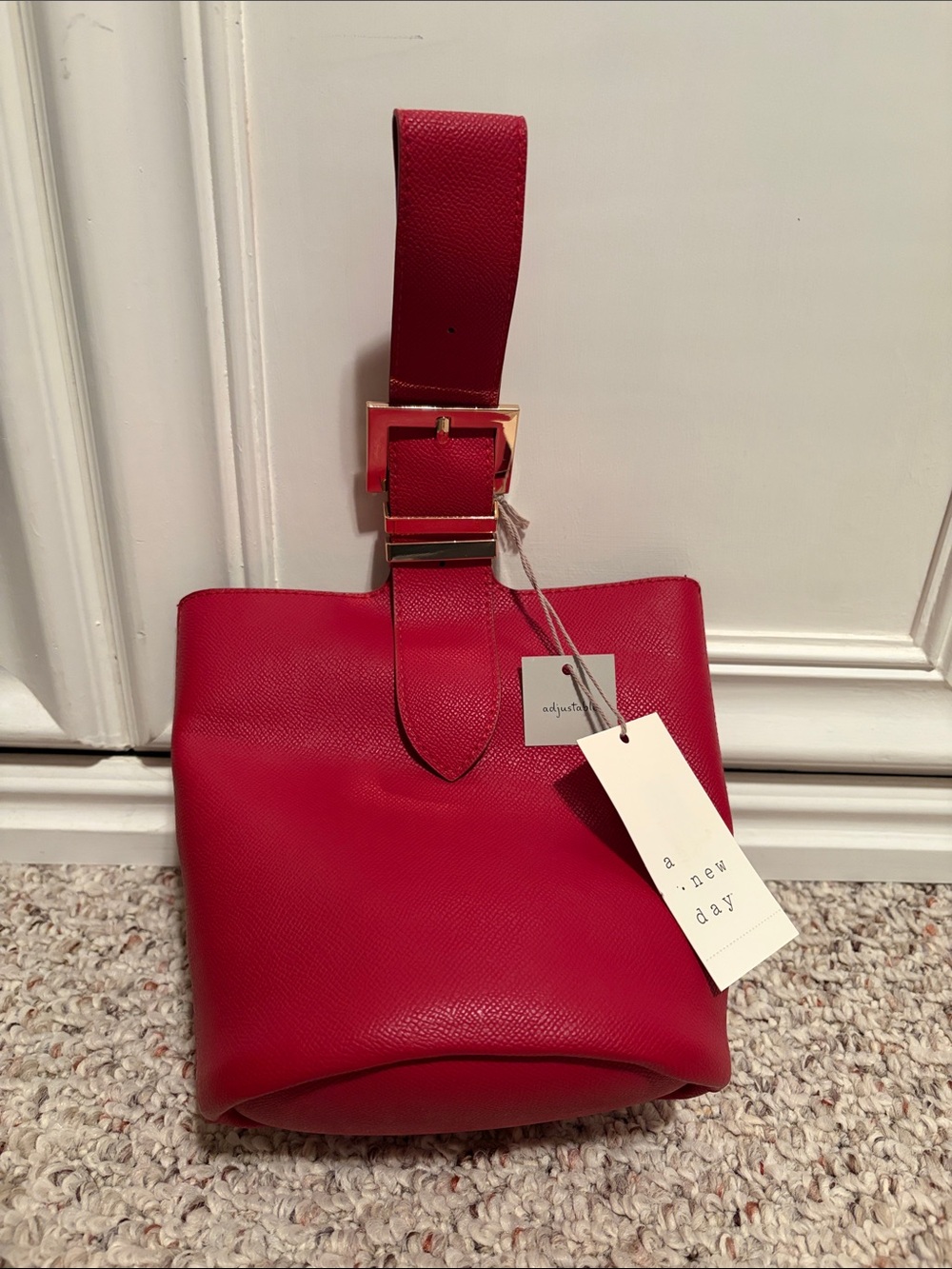 a new day Red Mini Bucket Bag with Wide Buckle Strap